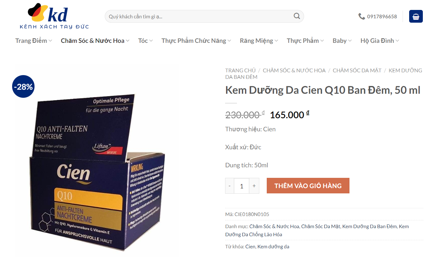 Giá kem dưỡng da Cien hiện nay?